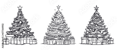 Christmas tree with gifts. Christmas tree is decorated with festive decorations, balls, and garlands. Presents for children from Santa on Christmas morning. Vector isolated illustration. PNG