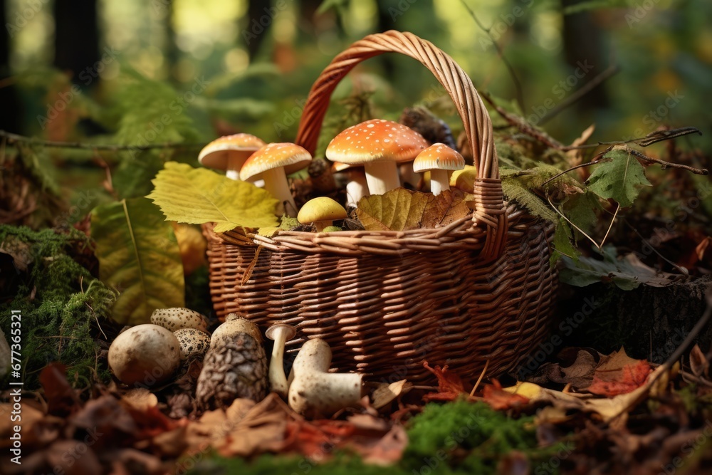 A basket of mushrooms in forest in Spring. Spring seasonal concept. A basket of mushrooms in forest in Spring. Spring seasonal concept.