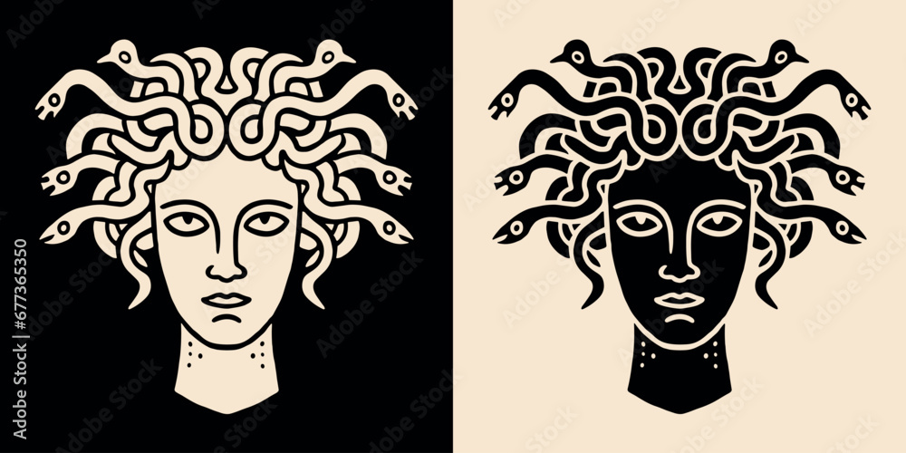 Medusa head minimalist portrait logo. Black and beige greek goddess stylized drawing. Dark academia aesthetic illustration. Greek mythology lover vector printable design. - obrazy, fototapety, plakaty 