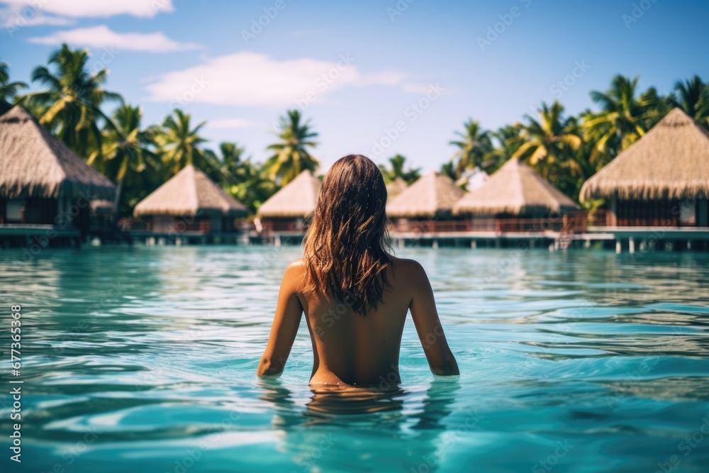 Back view of a lady swim in sea water. Summer tropical vacation concept.
