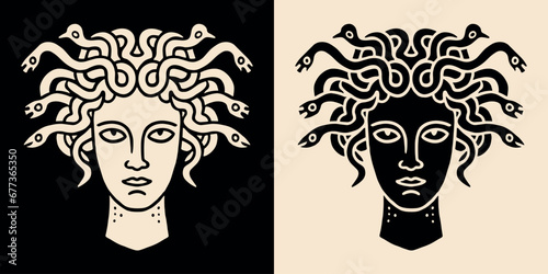 Medusa head minimalist portrait logo. Black and beige greek goddess stylized drawing. Dark academia aesthetic illustration. Greek mythology lover vector printable design.