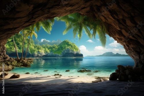 An island with palm trees and sand beach viewed from a cave.