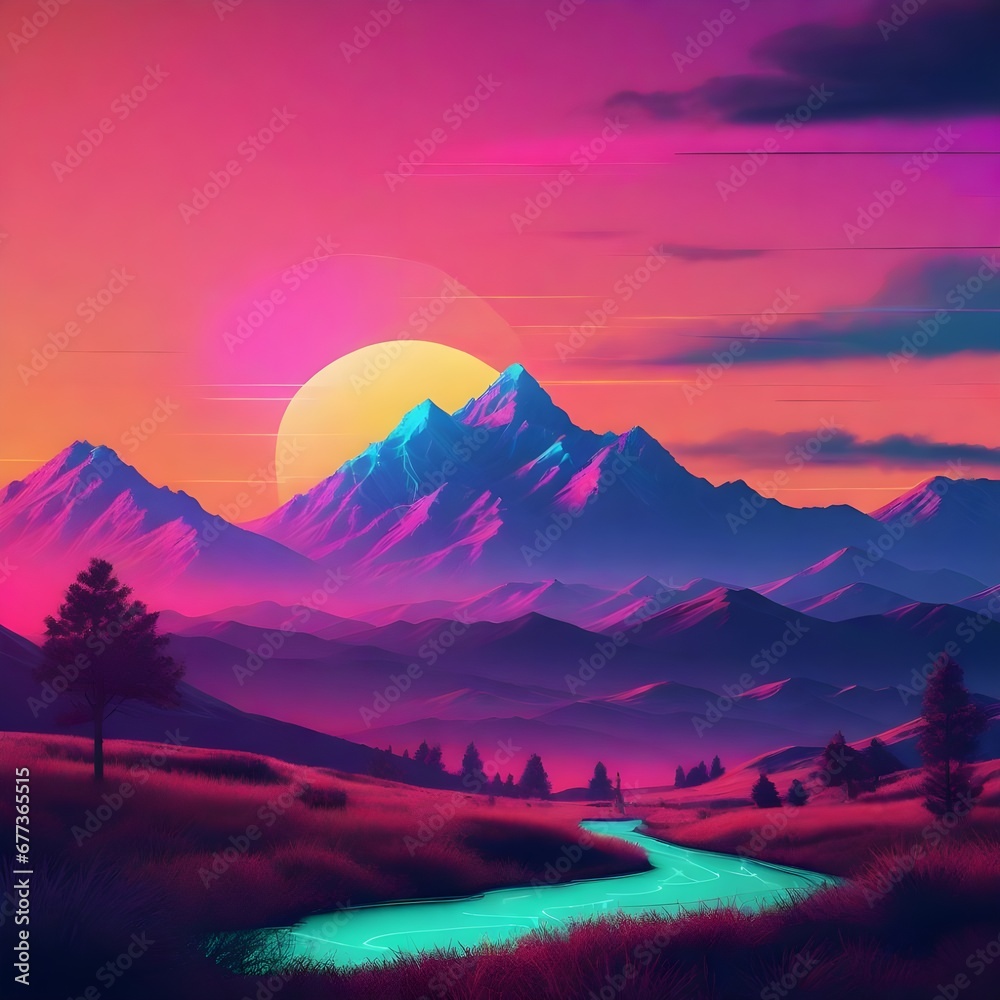Trendy neon Landscape with mountains synth wave background with sunset sky Trendy neon Landscape with mountains synth wave background with sunset sky