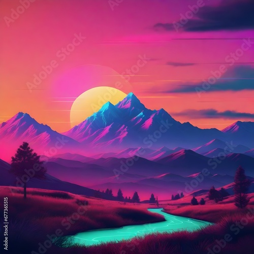 Trendy neon Landscape with mountains synth wave background with sunset sky © ProShots