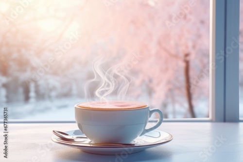 A hot coffee with steam placed by window with beautiful winter scene. Winter seasonal concept.