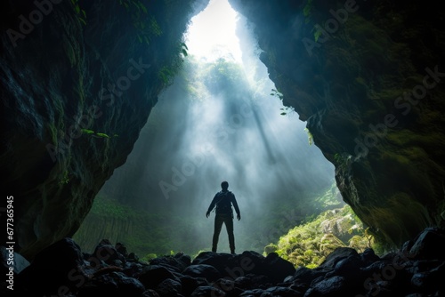 A man explore a deep cave with light ray from above. Outdoor adventure concept.