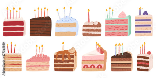 Delightful Cake Slices With Flickering Candles, A Sweet Symphony Of Flavors And Celebrations, Cartoon Illustration