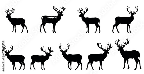 A deer with horns, a minimalist drawing, a vector set on a transparent background for a stencil