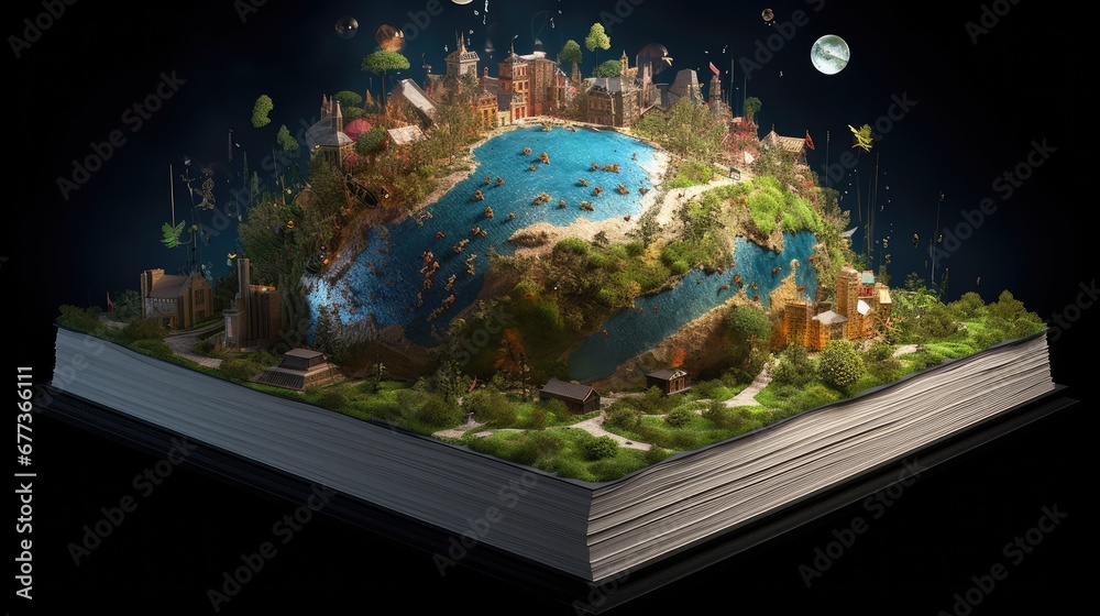 Book on the table, Fantasy magic 3D world in open book at sleep time, .reading books, Wonderland, miniature, tiny child tale story about the globe, read the globes, ecology, sustainable nature
