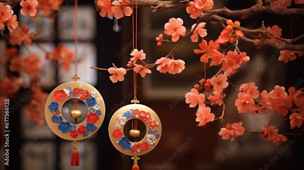 Asian culture hanging ornament with cherry blossoms background