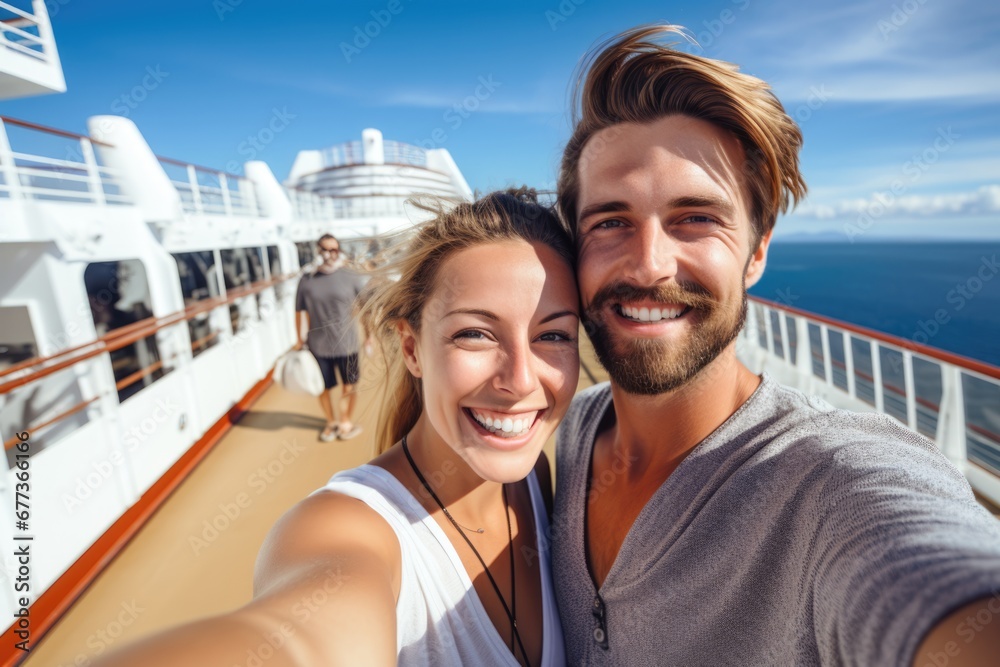 A young couple taking selfie during their trip on a cruise ship with happy face. Vacation travel concept. A young couple taking selfie during their trip on a cruise ship with happy face. Vacation travel concept.