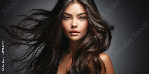 Young stunning woman with healthy long brunette hair. Glossy wavy beautiful hair. Hair salon banner