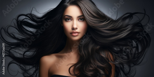 Glossy wavy beautiful hair. Young woman with healthy long black hair. Hair salon banner
