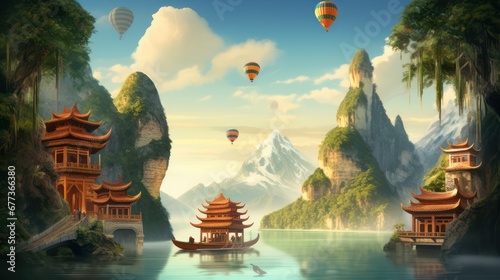 Lake and mountain views of pagoda buildings and clear blue sky hot air balloons.