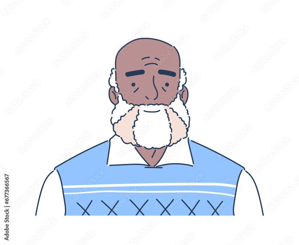 Doodle profile photo concept. Black old man in blue sweater. Avatar for social networks and messengers. Poster or banner. Cartoon flat vector illustration isolated on white background