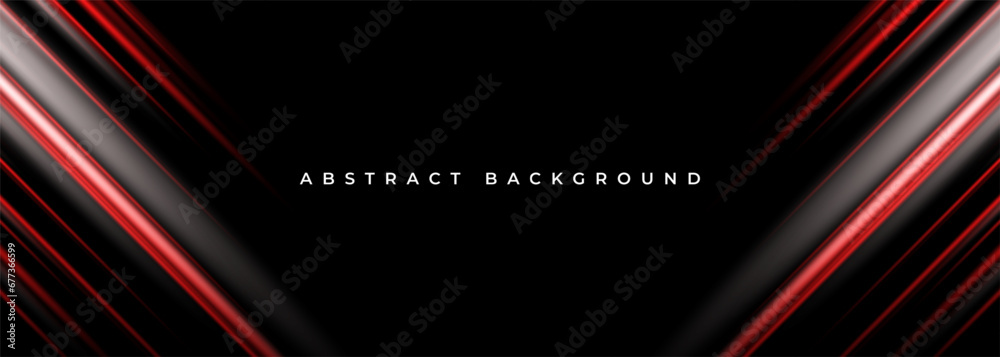 3D modern black and red futuristic abstract geometric background. Vector illustration wide banner with red diagonal lines. - obrazy, fototapety, plakaty 