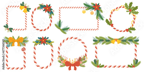 Christmas Frames Set. Festive Collection Of Holiday Candy Cane Borders Adorned With Candles, Holly Berries photo