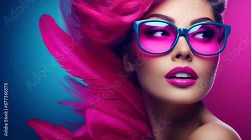 Close up portrait of a beautiful young woman with fuchsia pink feathers and blue sunglasses. Vivid, bold colors. Concept of fashion photography, glamour or sensuality
