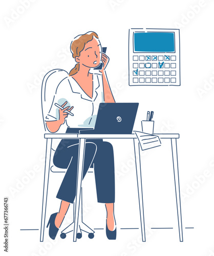 Ordinary day of woman doodle concept. Young girl at laptop in office. Employee at workplace. Minimalistic creativity and art. Cartoon flat vector illustration isolated on white background photo