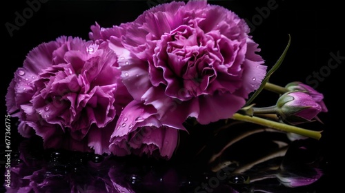 Beautiful purple carnation flowers with water drops on black background. Springtime concept with a space for a text. Valentine day concept with a copy space.