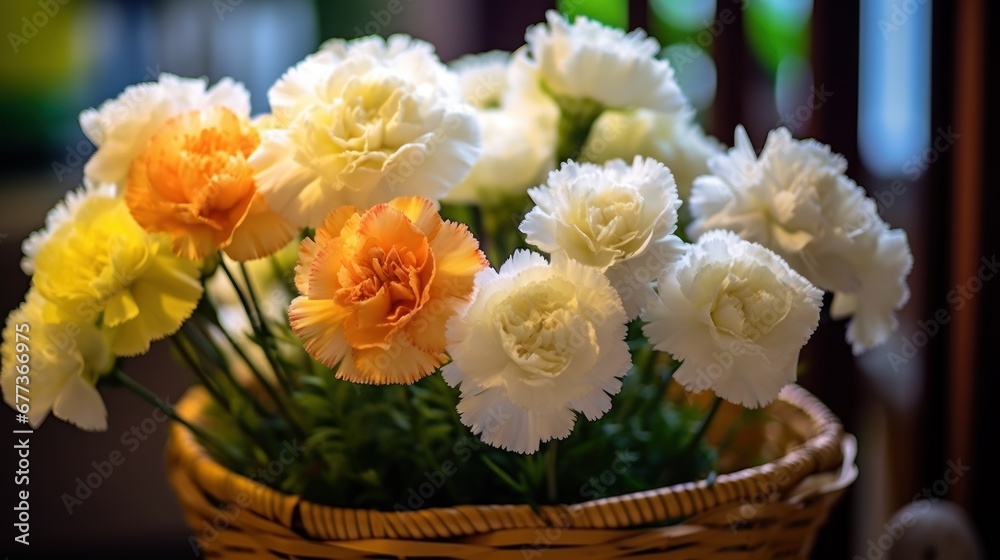 Bouquet of white and orange carnation flowers in a basket. Marigold. Mother's Day. Valentine day concept with a copy space.
