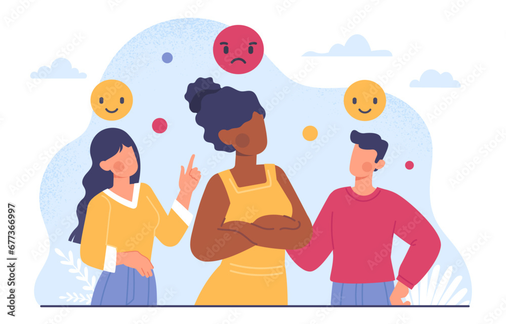 Angry woman in crowd concept. People with different emotions and mood. Happy young guy and girl near dissatisfied friend. Mental health and psychology. Cartoon flat vector illustration Angry woman in crowd concept. People with different emotions and mood. Happy young guy and girl near dissatisfied friend. Mental health and psychology. Cartoon flat vector illustration