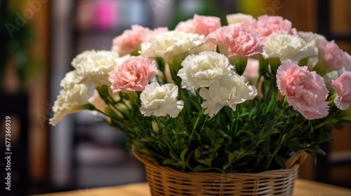 colorful carnation flower in basket with bokeh background. Beautiful Carnation Flowers. Marigold. Mother s Day. Valentine day concept with a copy space.