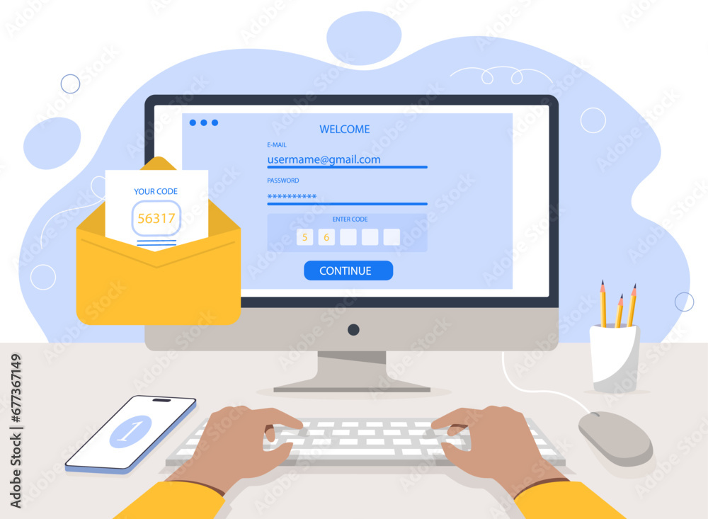 Authentication to website concept. Man sitting near computer with open webpage. Authentification and security system. Protection of personal users data. Cartoon flat vector illustration Authentication to website concept. Man sitting near computer with open webpage. Authentification and security system. Protection of personal users data. Cartoon flat vector illustration