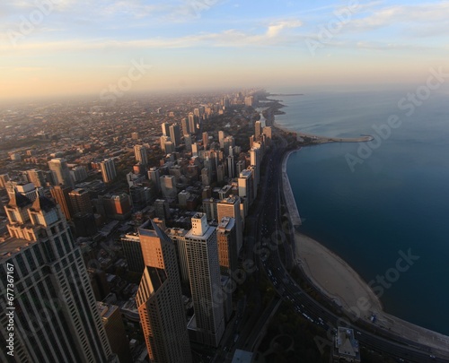 Drone shot of waterfront cityscape of Chicago, Illinois, United States