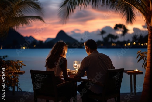 A young couple enjoy romantic dinner together at sunset in a luxury resort. Summer tropical vacation concept.