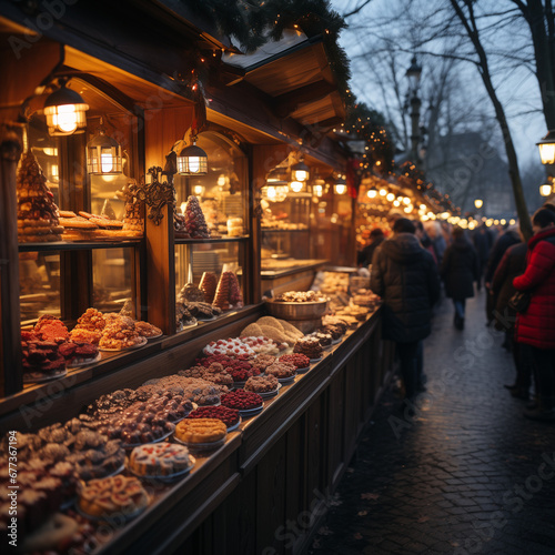 A stall at the Christmas market tempts with enticing treats. The gingerbread house is adorned with colorful candies, and the scent of roasted almonds and mulled wine fills the air. 