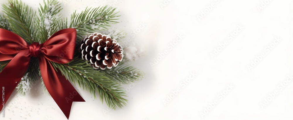 A red velvet Christmas bow, a green pinecone, and a white frosted pine branch, artistically laid out Christmas decorations