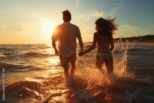 A young couple walking in sea water at sunset enjoy beach life. Summer tropical vacation concept.