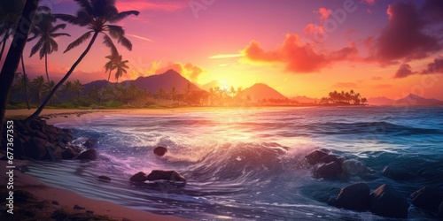 Beautiful seascape at sunset with island, sand beach and palm trees in tropical sea.