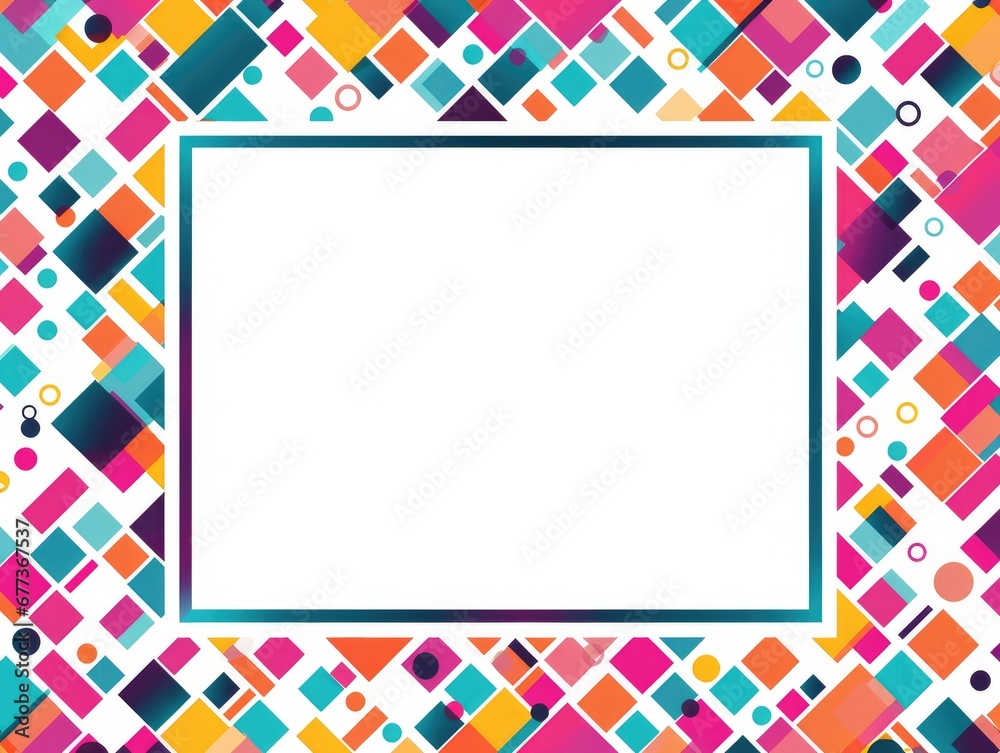 Eye-catching frame of vibrant geometric shapes with generous white space, an ideal template for graphic resources, invites, and creative designs. Eye-catching frame of vibrant geometric shapes with generous white space, an ideal template for graphic resources, invites, and creative designs.