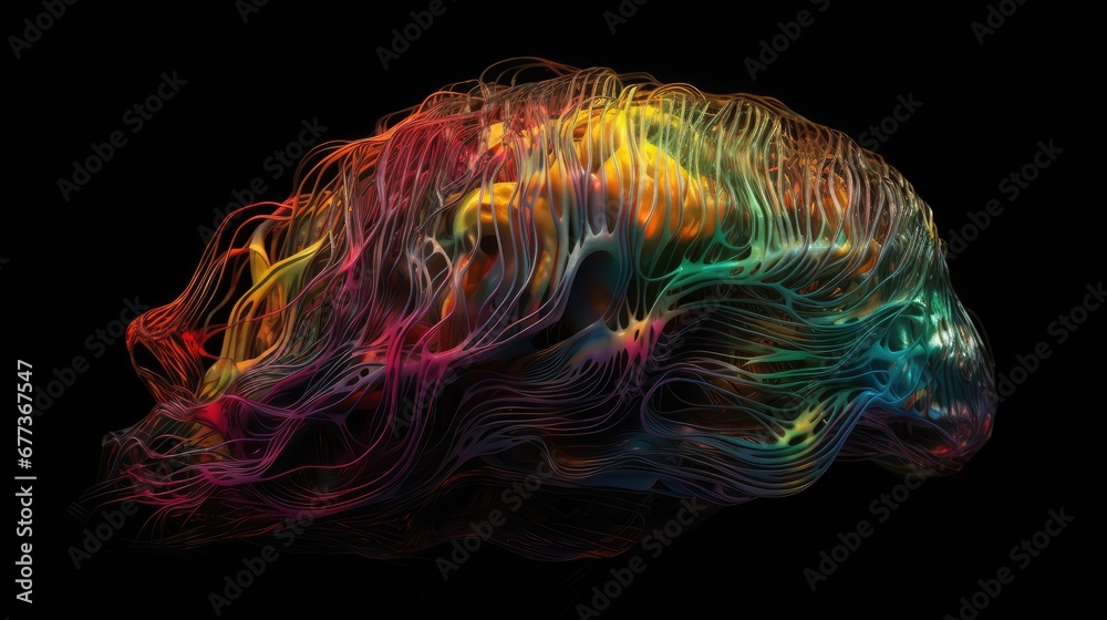 Brain Sponge, colorful spongy, brightly glowing swam, motley neon axon, multicolored mind, fractal colorful light brain illustration, 3D vibrant neon art, unter water, brain string