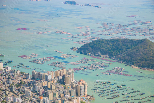 Flag crown in Lianjiang County, Fuzhou City, Fujian Province - high angle view of the seaside city photo