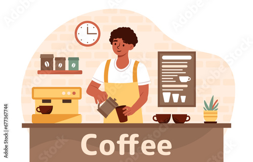 Barista at workplace concept. Man in uniform make hot drinks. Staff in coffee shop and catering. Aroma and beverage. Latte and americano. Cartoon flat vector illustration isolated on white background