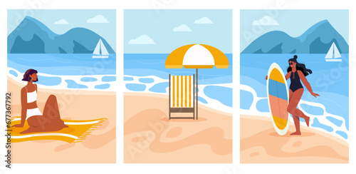 Beach posters set. Women in swimsuits near umbrella. Coastline with sand. Beautful tropical natural panorama and landscape. Cartoon flat vector collection isolated on white background