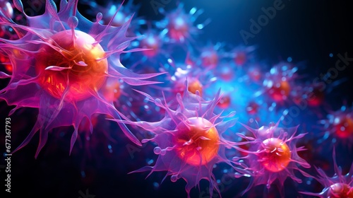 Render of microscopic pathogens with radiant hues of pink and blue, showcasing the intricate details of viral structures.Generative AI