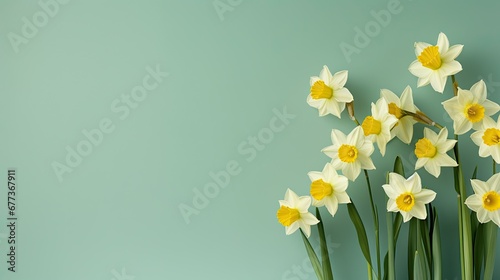 A scatter of yellow daffodils on a pastel green canvas. Minimalist card with blank space for text.  © Dannchez