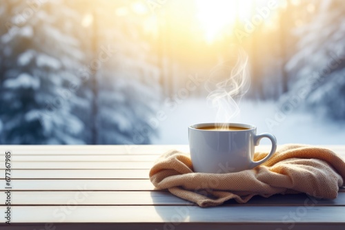 Close-up view of a cup of hot coffee and scarf on wood table with snow covered forest in winter. Winter seasonal concept.