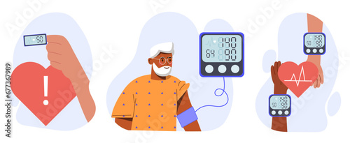 Blood pressure set. Health care and treatment, medicine. Elderly man with medical equipment. Pensioner checking his pulse, heartbeat. Cartoon flat vector collection isolated on white background