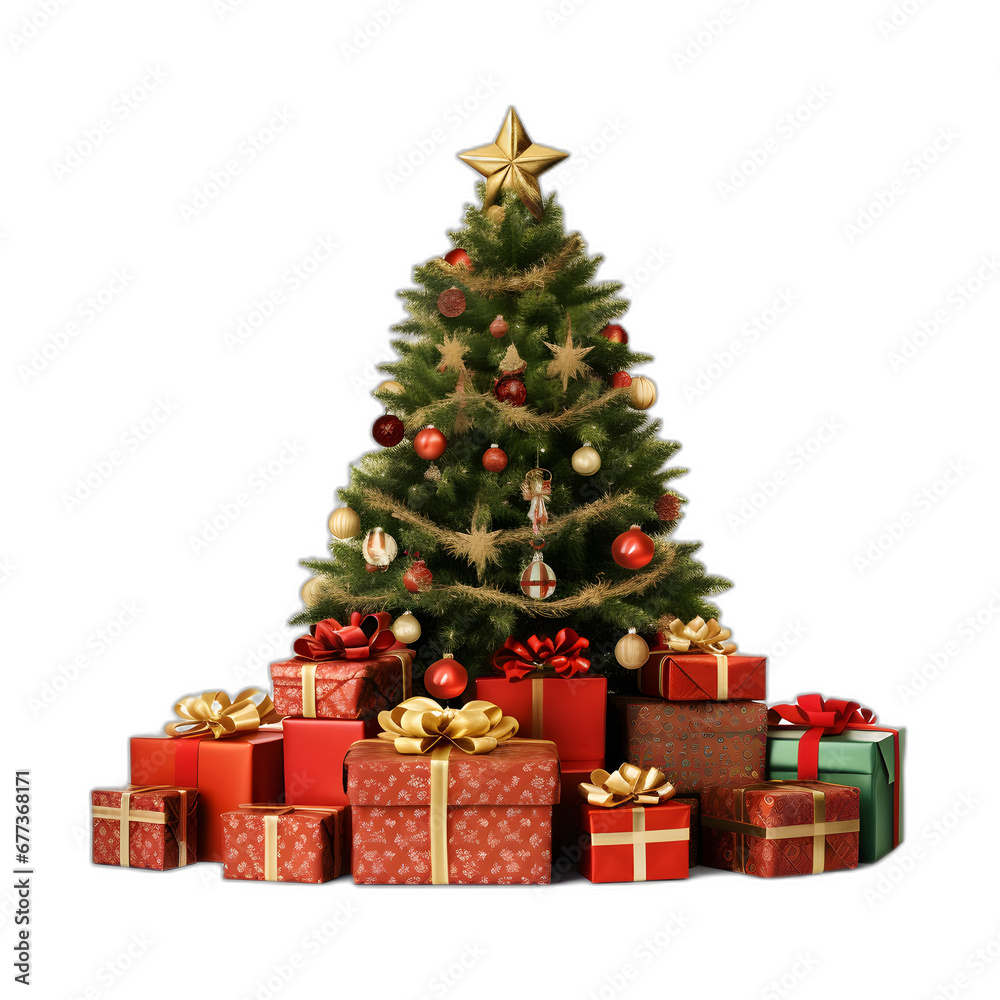 Presents under a decorated tree isolated on transparent or white background, png