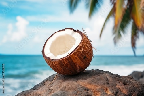 Close-up view of opened coconut, palm tree leaves and blue sea on beach. Summer tropical vacation concept.