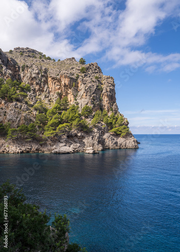 Beautiful view of the coast in Port de Soller, harbor for yachts and ships on the island of Mallorca, Spain, Mediterranean Sea