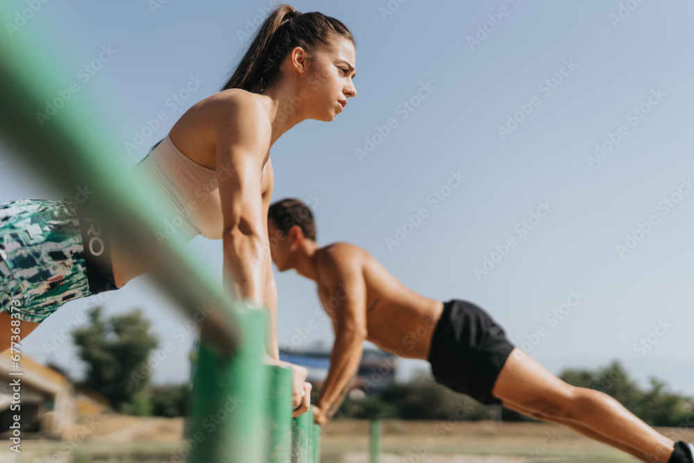 Fototapeta premium Active Couple Exercising Outdoors, Inspiring Fitness and Positive Results in Natural Environment