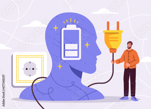 Mental burnout concept. Man with electric plug near silhouette. Psychology and mental health. Emotions and feelings, facial expressions. Poster or banner. Cartoon flat vector illustration