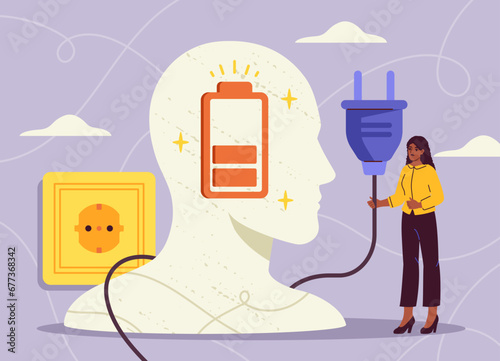 Mental burnout concept. Woman with electric plug near silhouette. Psychology and mental health. Emotions and feelings, facial expressions. Graphic element for website. Cartoon flat vector illustration