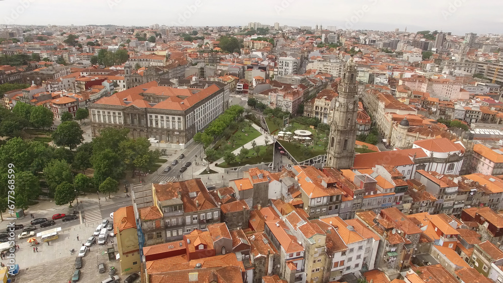Aerial Photography of Clérigos Tower in Porto City, Portugal. Famous Place. Travel Destination